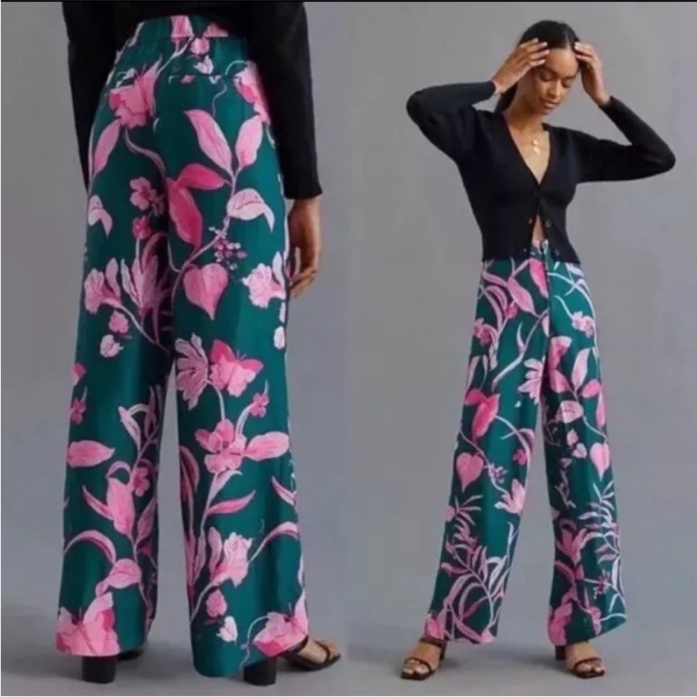 Anthropologie Breezy Tropical Floral Print Satin Dress Pants Size 8
